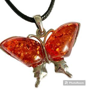 Vintage Honey Amber Butterfly Necklace Pendant Silver Plated Simulated 18"